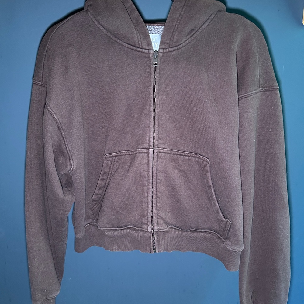 TNA Chocolate Brown Cropped Zip Hoodie